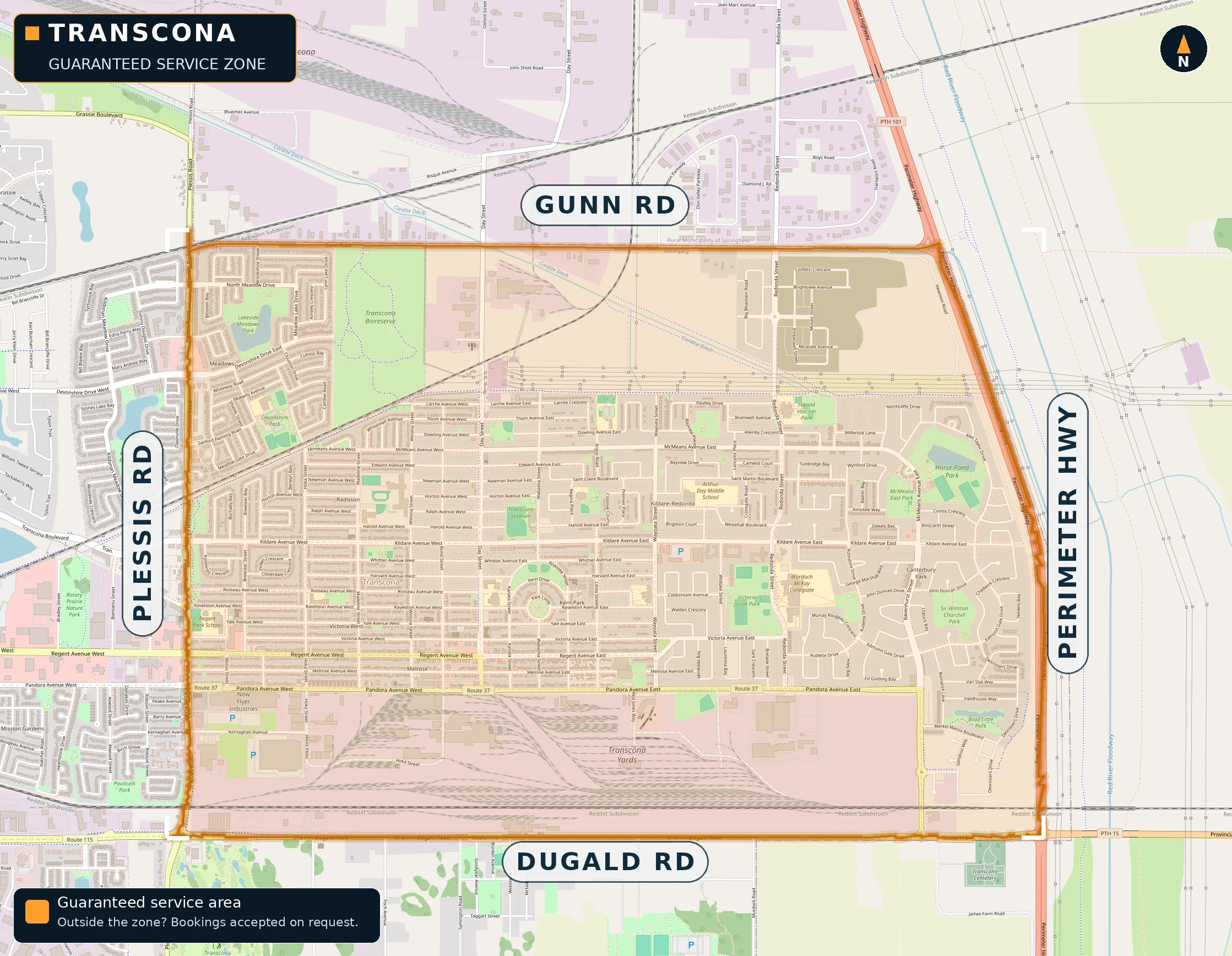 Video-game-style map of the Shields Property Services guaranteed service area in Transcona: Gunn Road to the north, Dugald Road to the south, Plessis Road to the west, and the Perimeter Highway to the east