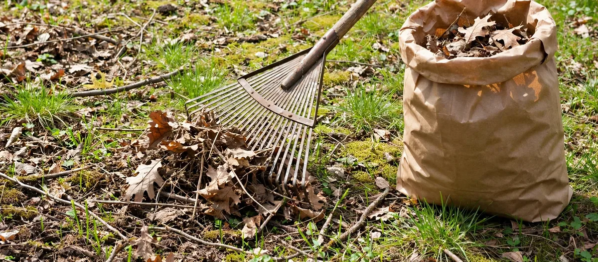 Raking leaves and debris into a yard waste bag during a spring cleanup