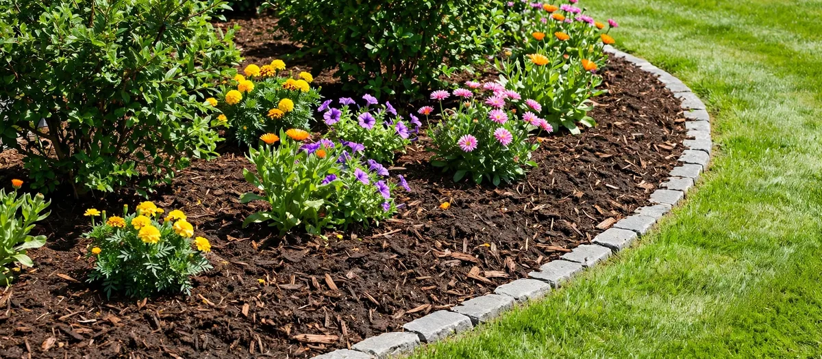 Fresh mulch bed with flowers and paving stone edging beside a mowed lawn
